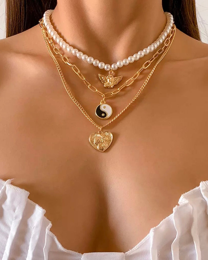 women's trending gold chain necklace set tiktok yinyang angel heart