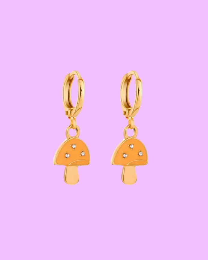 women's gold orange mushroom earrings handmade small business trendy tiktok