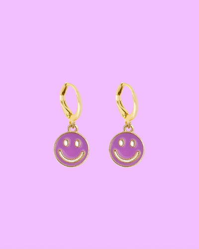 gold and purple smiley face huggie earrings women's trendy jewelry