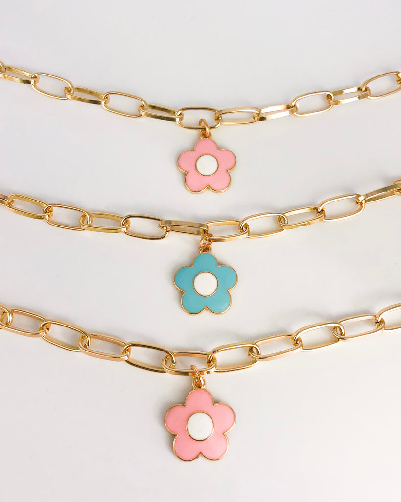 pink and blue flower chain necklace gold trendy