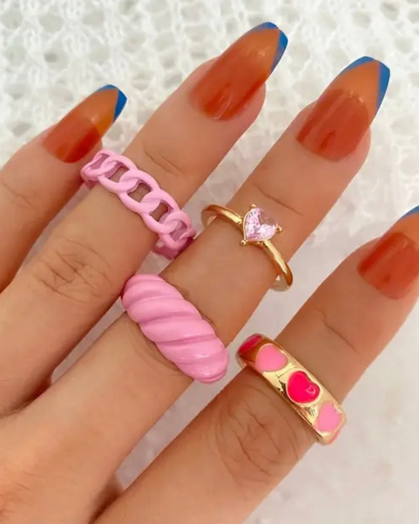 women's pink ring set jewelry affordable gold trending tiktok twist chain heart